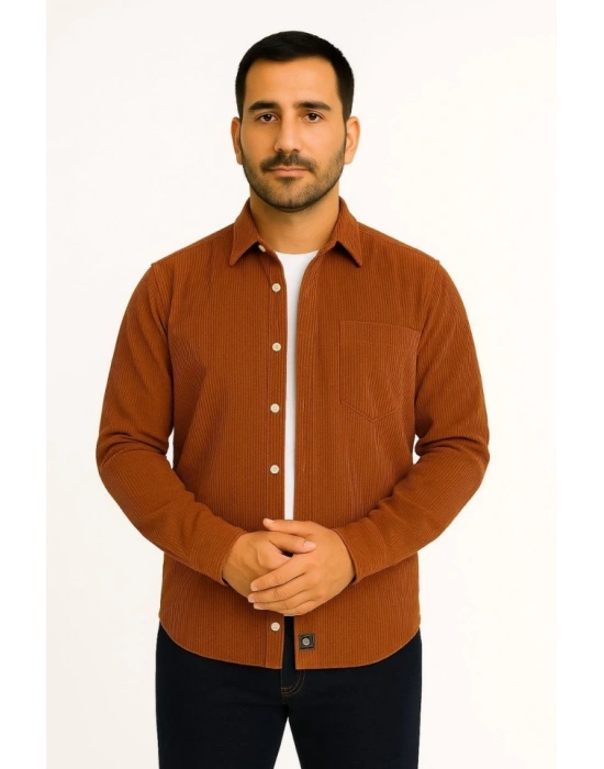 Erkek Fitilli Kadife Cepli Gömlek Oversize Rahat Kalıp  Kahverengi