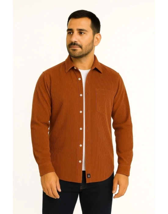 Erkek Fitilli Kadife Cepli Gömlek Oversize Rahat Kalıp  Kahverengi