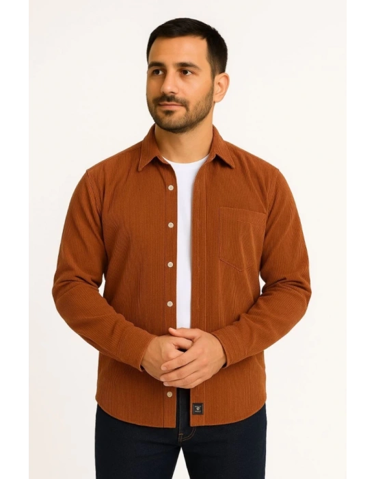 Erkek Fitilli Kadife Cepli Gömlek Oversize Rahat Kalıp  Kahverengi