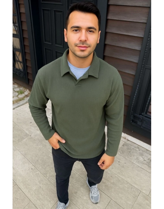 Erkek Fitilli Polar weatshirt – Düğmesiz Polo Yaka, Oversize Rahat Kalıp, Kalın Polar Kumaş, Kışlık Ve Baharlık Şık Günlük Üst  Haki