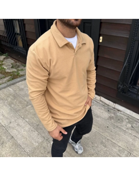 Erkek Fitilli Polar weatshirt – Düğmesiz Polo Yaka, Oversize Rahat Kalıp, Kalın Polar Kumaş, Kışlık Ve Baharlık Şık Günlük Üst  Bej