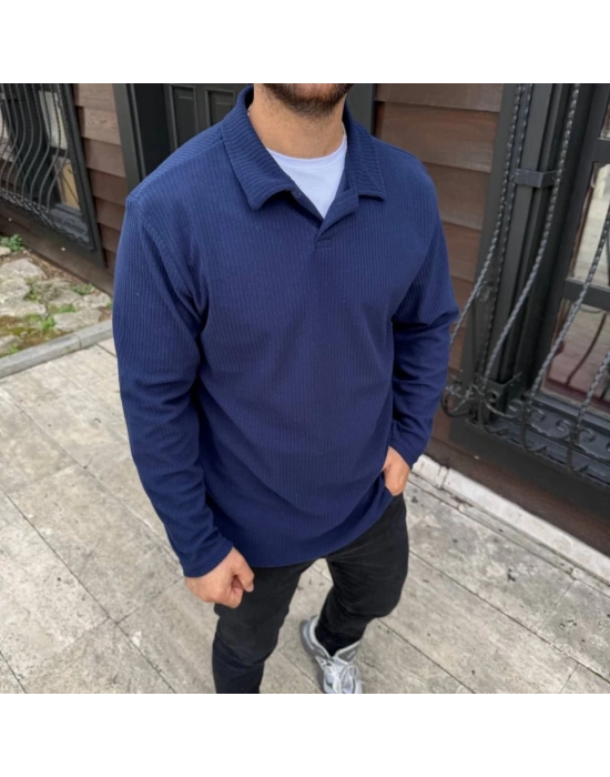 Erkek Fitilli Polar weatshirt – Düğmesiz Polo Yaka, Oversize Rahat Kalıp, Kalın Polar Kumaş, Kışlık Ve Baharlık Şık Günlük Üst  acivert