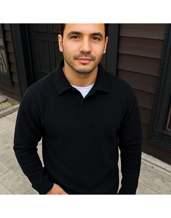 Erkek Fitilli Polar weatshirt – Düğmesiz Polo Yaka, Oversize Rahat Kalıp, Kalın Polar Kumaş, Kışlık Ve Baharlık Şık Günlük Üst  iyah