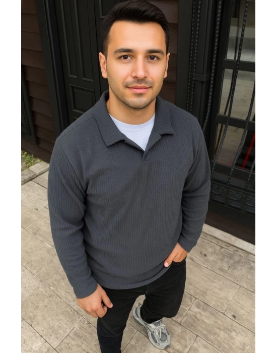 Erkek Fitilli Polar weatshirt – Düğmesiz Polo Yaka, Oversize Rahat Kalıp, Kalın Polar Kumaş, Kışlık Ve Baharlık Şık Günlük Üst  Füme