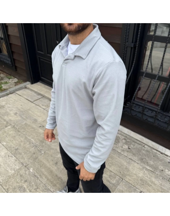 Erkek Fitilli Polar weatshirt – Düğmesiz Polo Yaka, Oversize Rahat Kalıp, Kalın Polar Kumaş, Kışlık Ve Baharlık Şık Günlük Üst  Gri