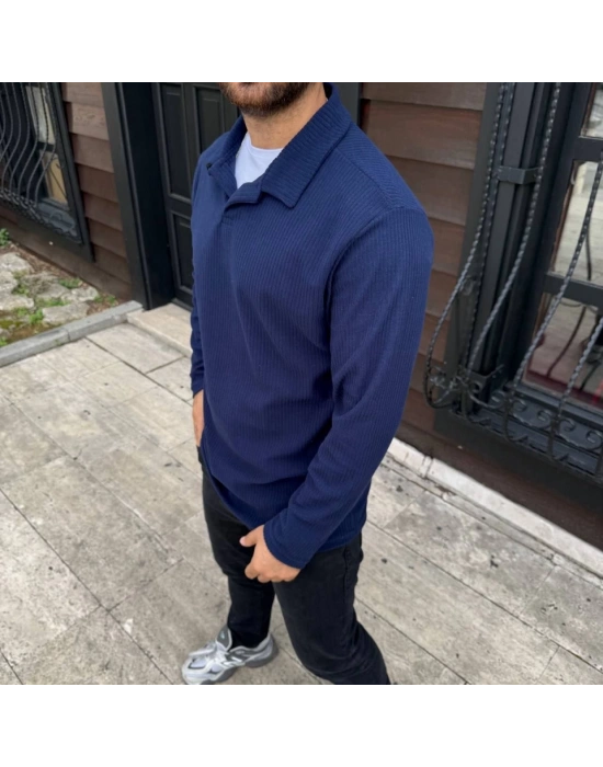 Erkek Fitilli Polar weatshirt – Düğmesiz Polo Yaka, Oversize Rahat Kalıp, Kalın Polar Kumaş, Kışlık Ve Baharlık Şık Günlük Üst  acivert