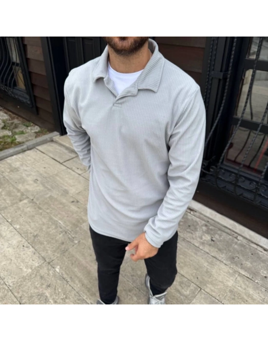 Erkek Fitilli Polar weatshirt – Düğmesiz Polo Yaka, Oversize Rahat Kalıp, Kalın Polar Kumaş, Kışlık Ve Baharlık Şık Günlük Üst  Gri