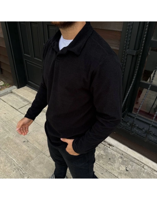 Erkek Fitilli Polar weatshirt – Düğmesiz Polo Yaka, Oversize Rahat Kalıp, Kalın Polar Kumaş, Kışlık Ve Baharlık Şık Günlük Üst  iyah