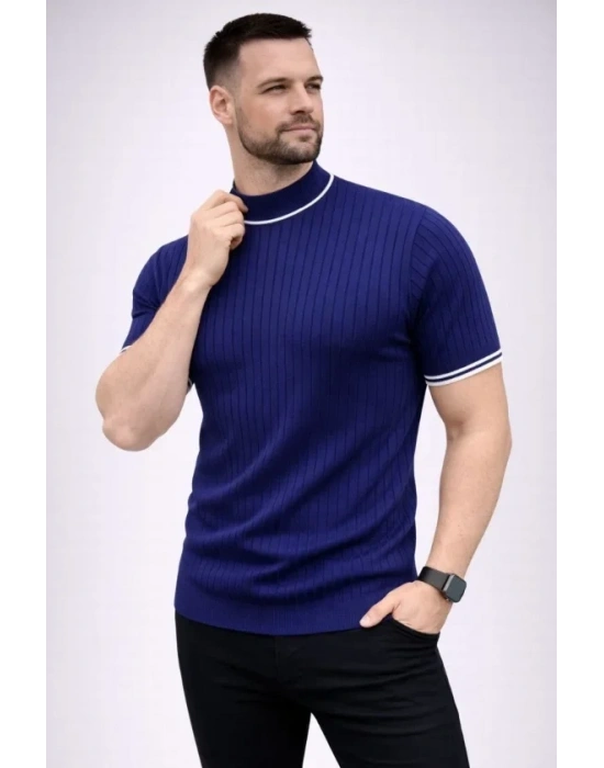 Erkek Fitilli Triko Dokuma Kısa Kol Tişört Yarım Boğaz odern Yazlık Thirt  acivert