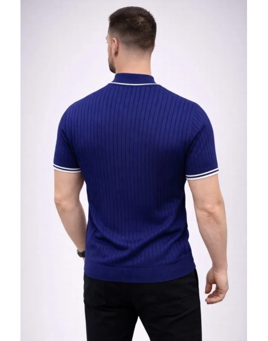 Erkek Fitilli Triko Dokuma Kısa Kol Tişört Yarım Boğaz odern Yazlık Thirt  acivert