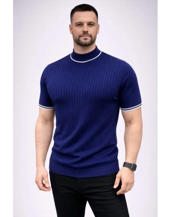 Erkek Fitilli Triko Dokuma Kısa Kol Tişört Yarım Boğaz odern Yazlık Thirt  acivert