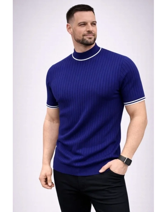 Erkek Fitilli Triko Dokuma Kısa Kol Tişört Yarım Boğaz odern Yazlık Thirt  acivert