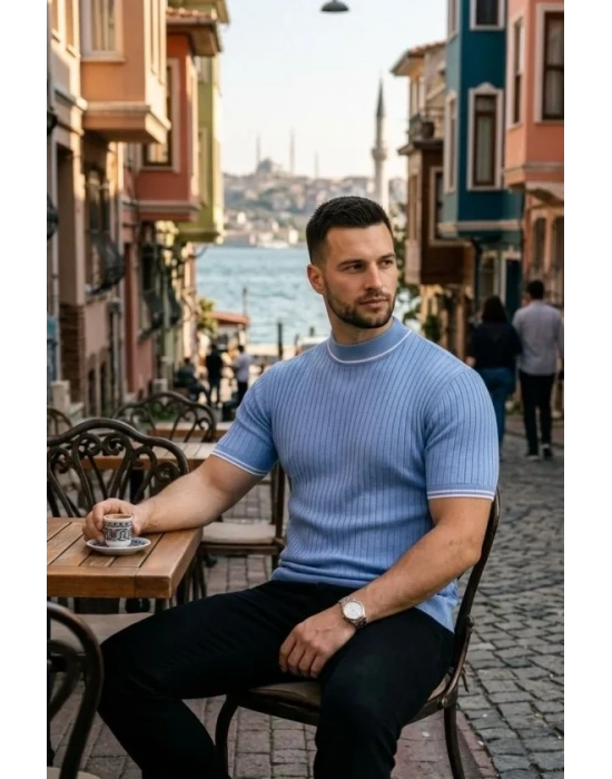 Erkek Fitilli Triko Dokuma Kısa Kol Tişört Yarım Boğaz odern Yazlık Thirt  Bebe avisi