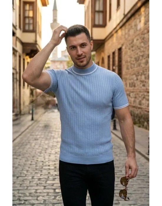 Erkek Fitilli Triko Dokuma Kısa Kol Tişört Yarım Boğaz odern Yazlık Thirt  Bebe avisi