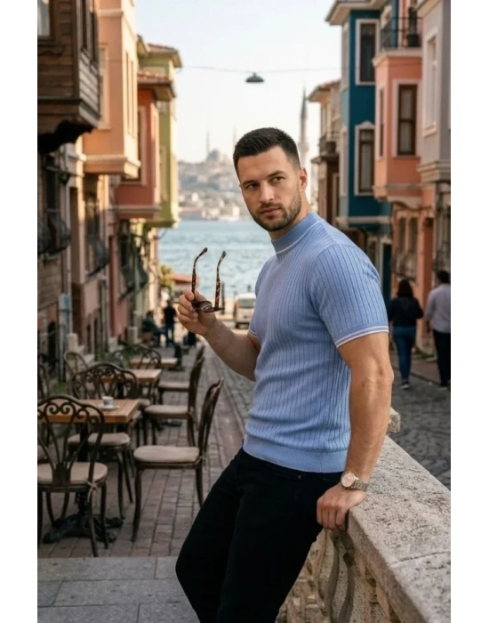 Erkek Fitilli Triko Dokuma Kısa Kol Tişört Yarım Boğaz odern Yazlık Thirt  Bebe avisi