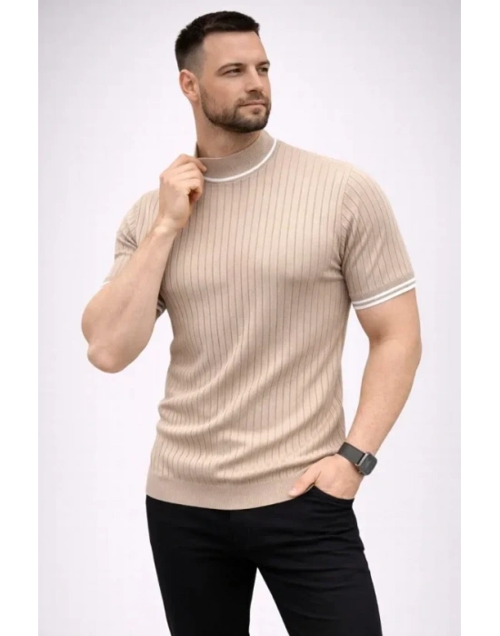 Erkek Fitilli Triko Dokuma Kısa Kol Tişört Yarım Boğaz odern Yazlık Thirt  Bej