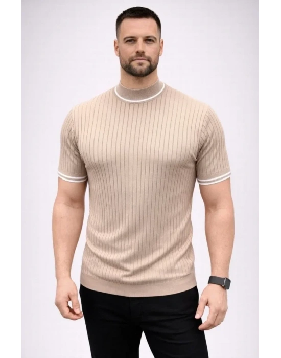 Erkek Fitilli Triko Dokuma Kısa Kol Tişört Yarım Boğaz odern Yazlık Thirt  Bej