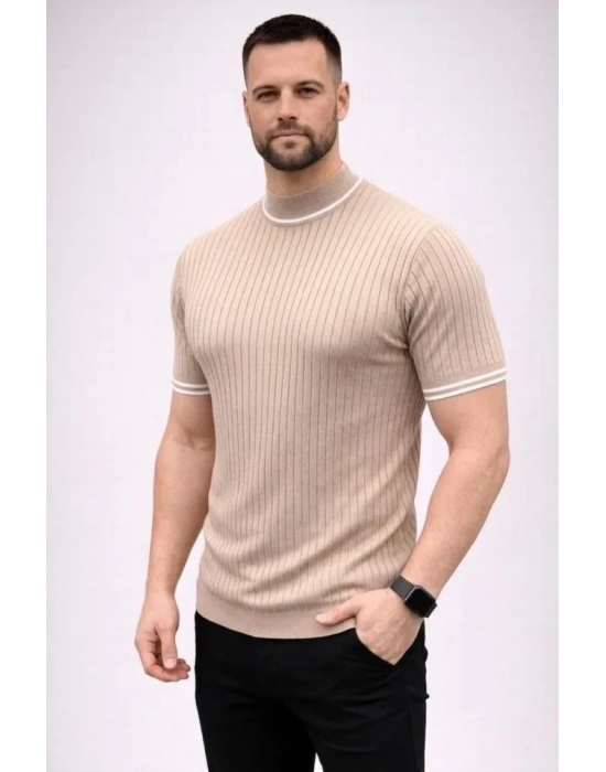 Erkek Fitilli Triko Dokuma Kısa Kol Tişört Yarım Boğaz odern Yazlık Thirt  Bej
