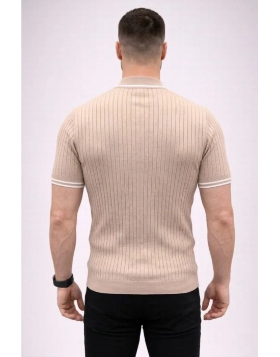 Erkek Fitilli Triko Dokuma Kısa Kol Tişört Yarım Boğaz odern Yazlık Thirt  Bej