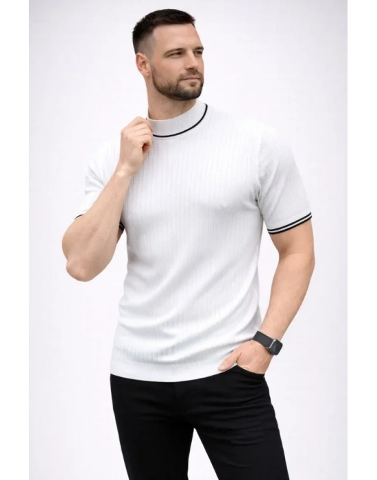 Erkek Fitilli Triko Dokuma Kısa Kol Tişört Yarım Boğaz odern Yazlık Thirt  Beyaz