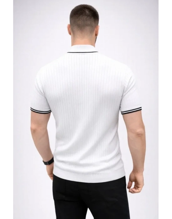 Erkek Fitilli Triko Dokuma Kısa Kol Tişört Yarım Boğaz odern Yazlık Thirt  Beyaz