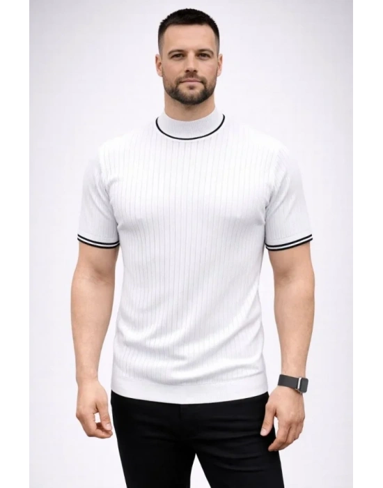 Erkek Fitilli Triko Dokuma Kısa Kol Tişört Yarım Boğaz odern Yazlık Thirt  Beyaz