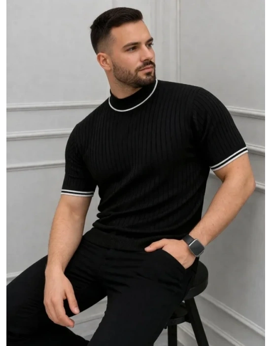 Erkek Fitilli Triko Dokuma Kısa Kol Tişört Yarım Boğaz odern Yazlık Thirt  iyah
