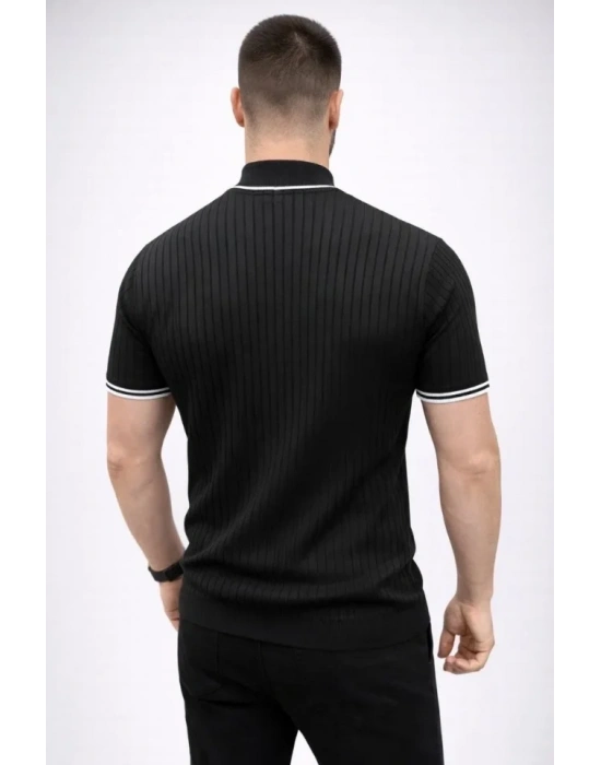 Erkek Fitilli Triko Dokuma Kısa Kol Tişört Yarım Boğaz odern Yazlık Thirt  iyah