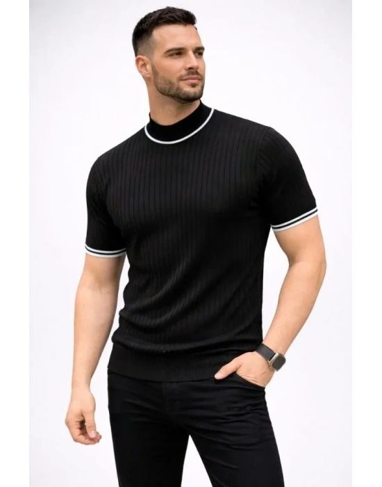 Erkek Fitilli Triko Dokuma Kısa Kol Tişört Yarım Boğaz odern Yazlık Thirt  iyah