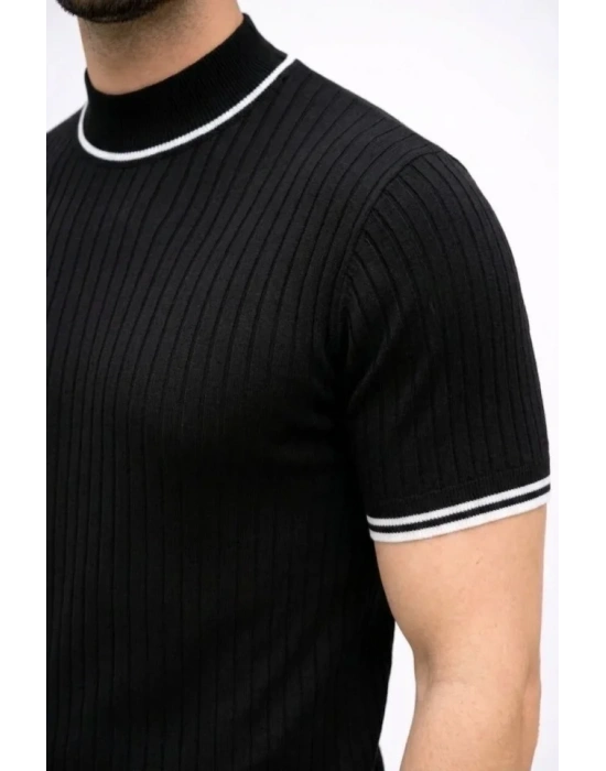 Erkek Fitilli Triko Dokuma Kısa Kol Tişört Yarım Boğaz odern Yazlık Thirt  iyah