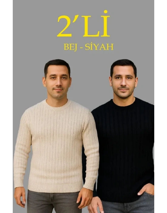 Erkek Fitilli Triko Kazak 2’li et Bej Beyaz Kalın Dokuma Pamuklu Regular Fit Bisiklet
