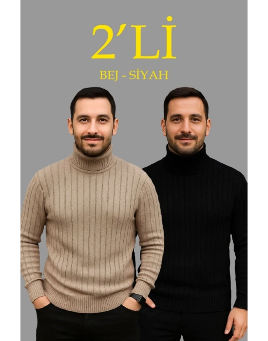 Erkek Fitilli Triko Kazak 2li et Bej iyah Regular Balıkcı Yaka Tam Boğazlı Triko eti odeli Kazak