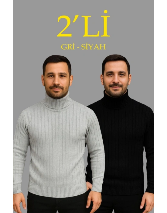Erkek Fitilli Triko Kazak 2li et Gri iyah Regular Balıkcı Yaka Tam Boğazlı Triko eti odeli Kazak