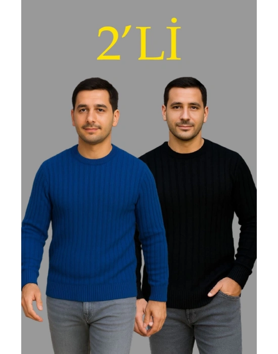 Erkek Fitilli Triko Kazak 2’li et – iyah  aks avisi, Kalın Dokuma Pamuklu Regular Fit Bisiklet Yaka Uzun Kollu Rahat Kışlık Kazak Kombini