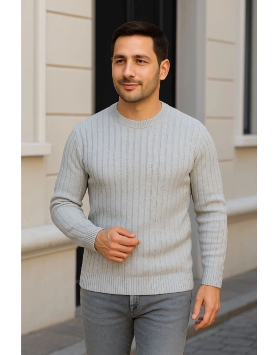 Erkek Fitilli Triko Kazak 2’li et – iyah  Gri, Kalın Dokuma Pamuklu Regular Fit Bisiklet Yaka Uzun Kollu Rahat Kışlık Kazak Kombini