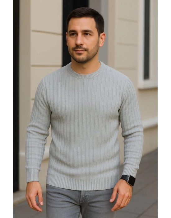 Erkek Fitilli Triko Kazak 2’li et – iyah  Gri, Kalın Dokuma Pamuklu Regular Fit Bisiklet Yaka Uzun Kollu Rahat Kışlık Kazak Kombini