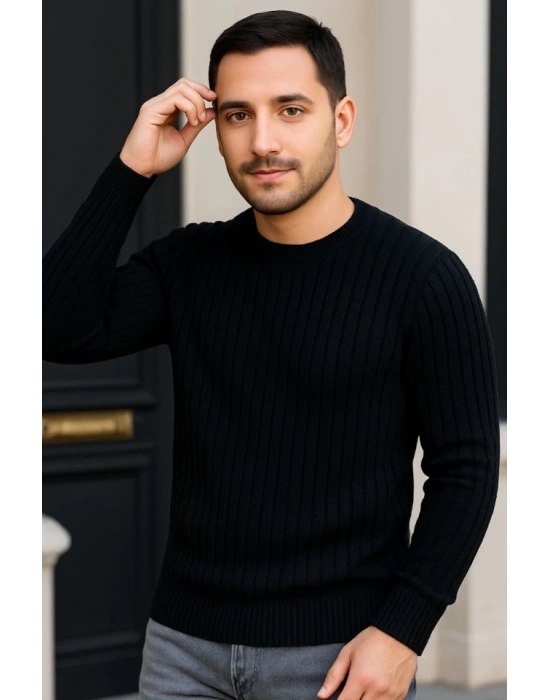 Erkek Fitilli Triko Kazak 2’li et – iyah  Gri, Kalın Dokuma Pamuklu Regular Fit Bisiklet Yaka Uzun Kollu Rahat Kışlık Kazak Kombini