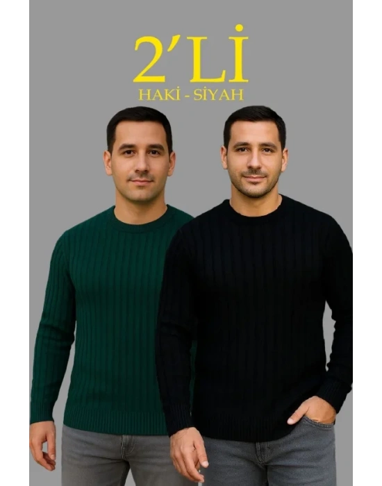 Erkek Fitilli Triko Kazak 2’li et iyah Haki Kalın Dokuma Pamuklu Regular Fit Bisiklet