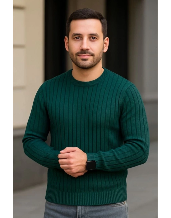 Erkek Fitilli Triko Kazak 2’li et – iyah  Haki, Kalın Dokuma Pamuklu Regular Fit Bisiklet Yaka Uzun Kollu Rahat Kışlık Kazak Kombini