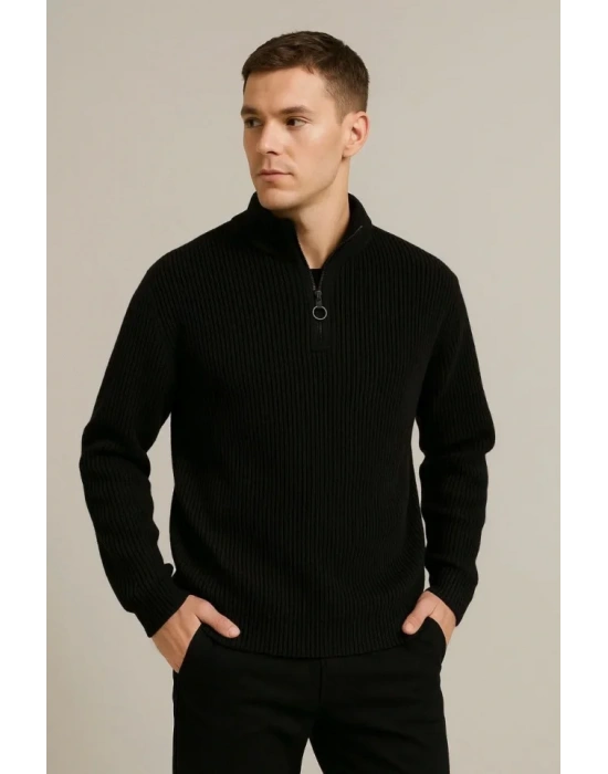 Erkek Fitilli Triko Kazak 2’li et – iyah  Haki Kalın Dokuma Pamuklu Regular Fit V Yaka Fermuarlı Uzun Kollu Rahat Kışlık Kazak Kombini