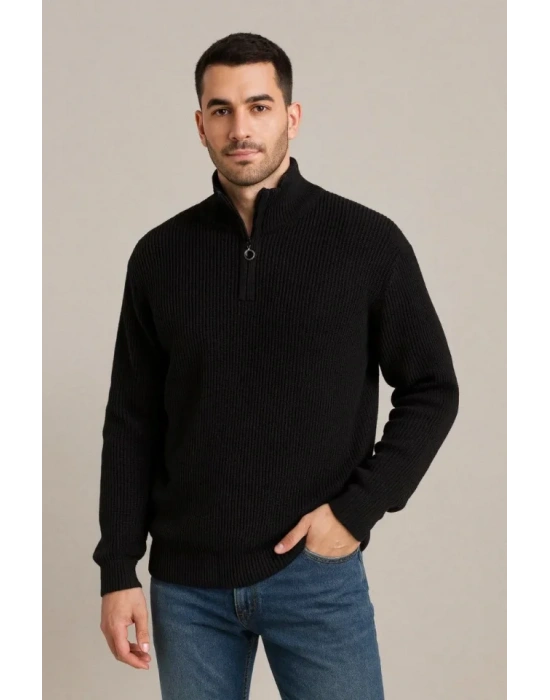 Erkek Fitilli Triko Kazak 2’li et – iyah  Haki Kalın Dokuma Pamuklu Regular Fit V Yaka Fermuarlı Uzun Kollu Rahat Kışlık Kazak Kombini