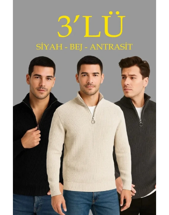 Erkek Fitilli Triko Kazak 3’lü et – Antrasit, iyah, Bej Kalın Dokuma Pamuklu Regular Fit V Yaka Fermuarlı Uzun Kollu Rahat Kışlık Kazak Kombini