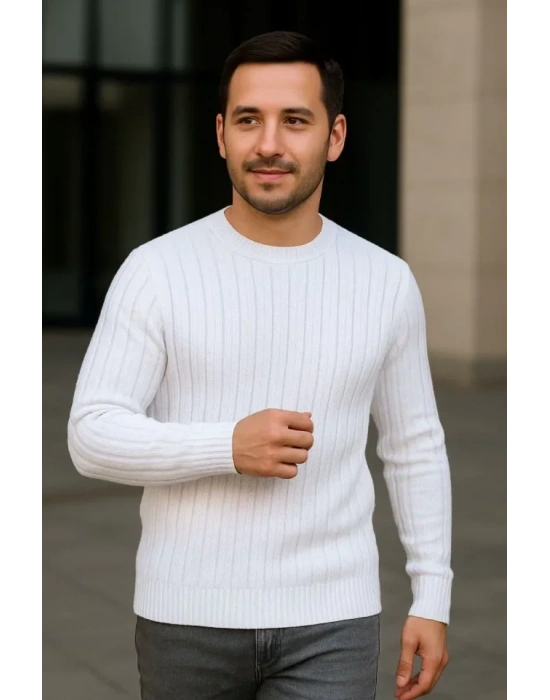 Erkek Fitilli Triko Kazak 3’lü et – Bej, Beyaz, iyah  Kalın Dokuma Pamuklu Regular Fit Bisiklet Yaka Uzun Kollu Kışlık Ve Baharlık Rahat Triko Kombini