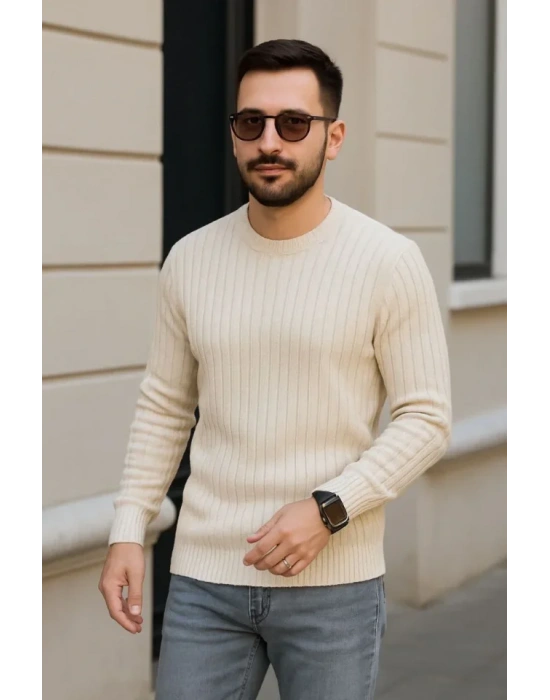 Erkek Fitilli Triko Kazak 3’lü et – Bej, Beyaz, iyah  Kalın Dokuma Pamuklu Regular Fit Bisiklet Yaka Uzun Kollu Kışlık Ve Baharlık Rahat Triko Kombini