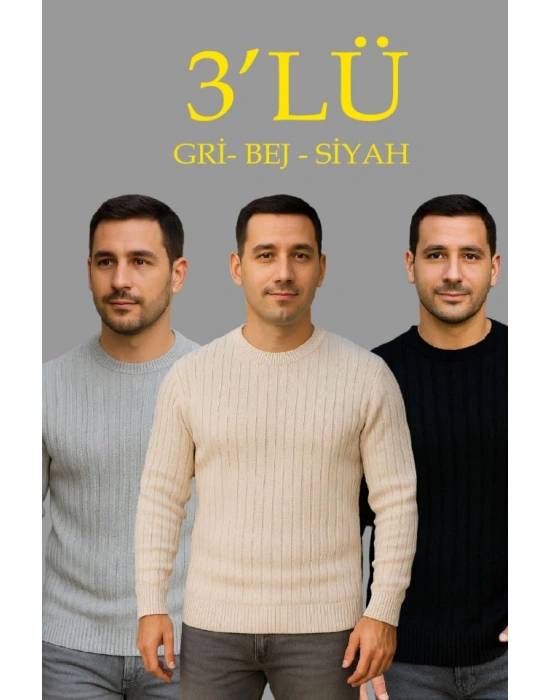 Erkek Fitilli Triko Kazak 3lü et Bej Gri iyah Regular Fit Bisiklet Yaka Triko eti Kazak odeli