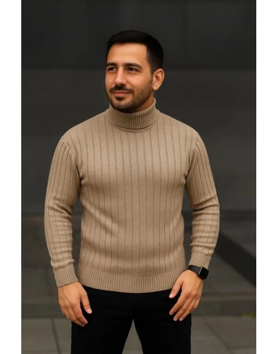 Erkek Fitilli Triko Kazak 3lÜ et Bej Haki iyah Regular Balıkcı Yaka Tam Boğazlı Triko eti odeli Kazak