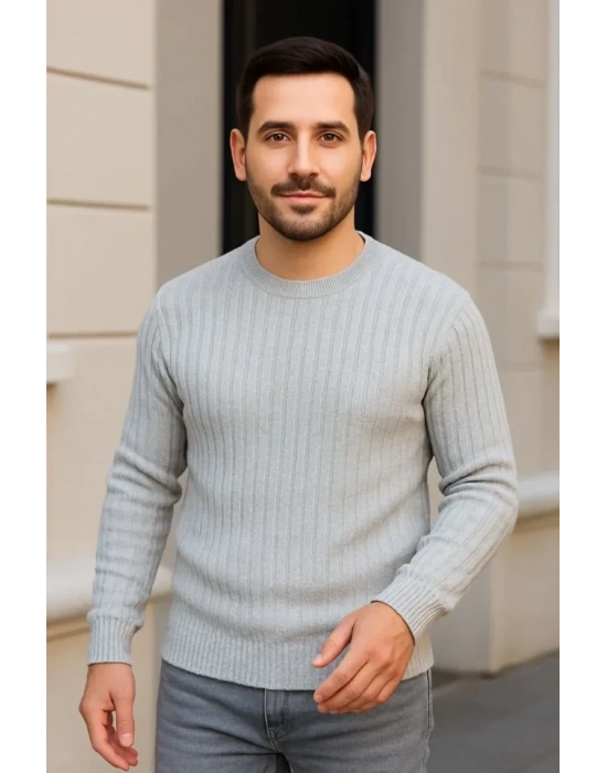 Erkek Fitilli Triko Kazak 3lü et Gri Haki iyah Regular Fit Bisiklet Yaka Triko eti odeli Kazak