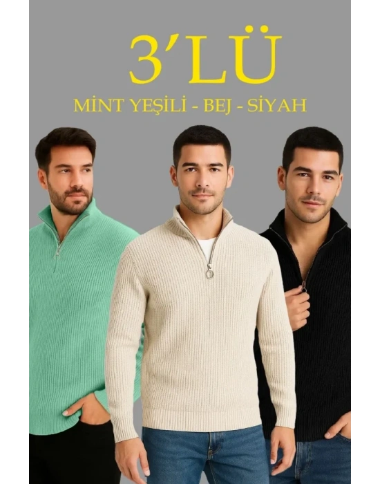 Erkek Fitilli Triko Kazak 3’lü et – int Yeşili, iyah, Bej Kalın Dokuma Pamuklu Regular Fit V Yaka Fermuarlı Uzun Kollu Rahat Kışlık Kazak Kombini