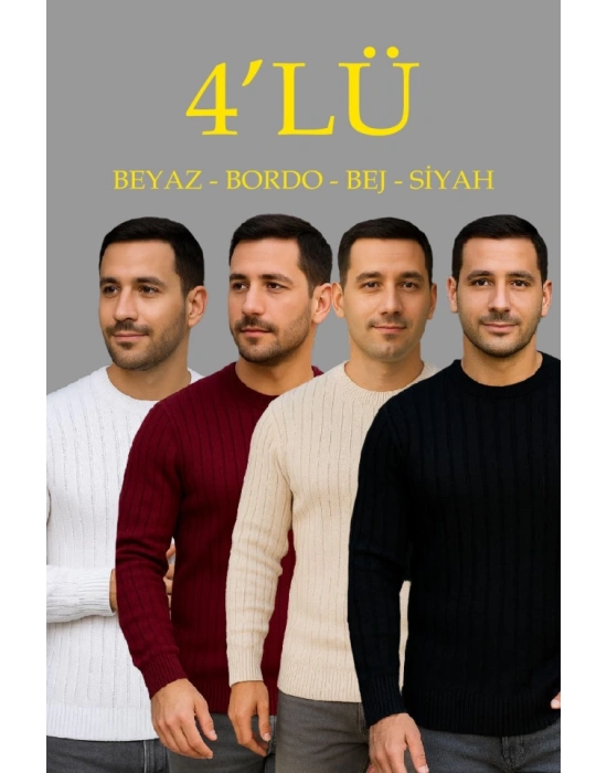 Erkek Fitilli Triko Kazak 4’lü et – Beyaz, Bordo, Gri, iyah  Kalın Dokuma Pamuklu Regular Fit Bisiklet Yaka Uzun Kollu Kışlık Ve Baharlık Rahat Triko Kombini