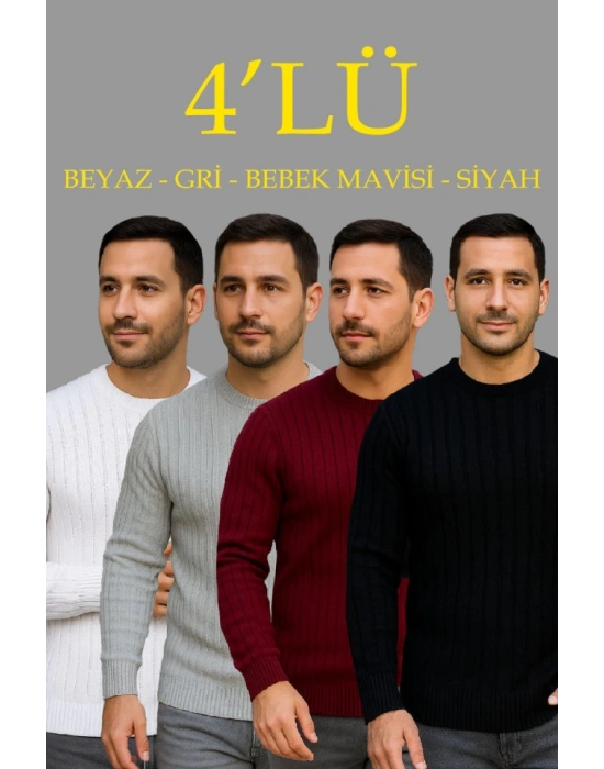 Erkek Fitilli Triko Kazak 4’lü et Beyaz Bordo Gri iyah Regular Fit Bisiklet Yaka Kazak Triko Kombini